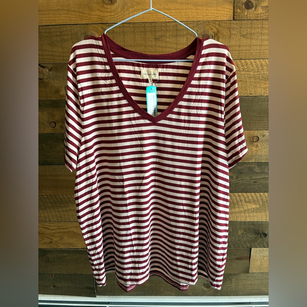 Thread & Supply Burgundy Striped V-Neck Tee